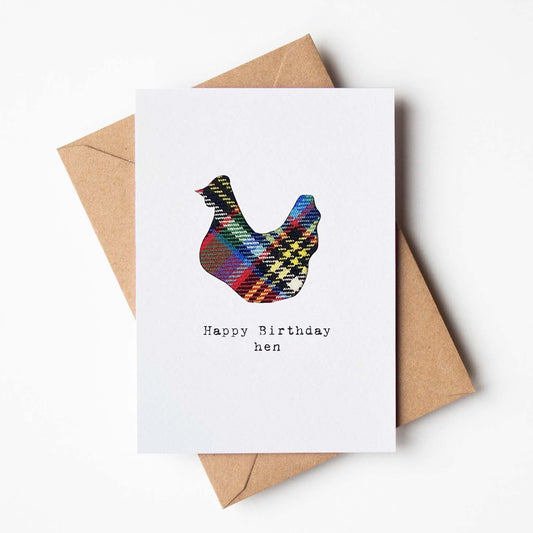 'Happy Birthday Hen' Scottish Birthday Card with real tartan