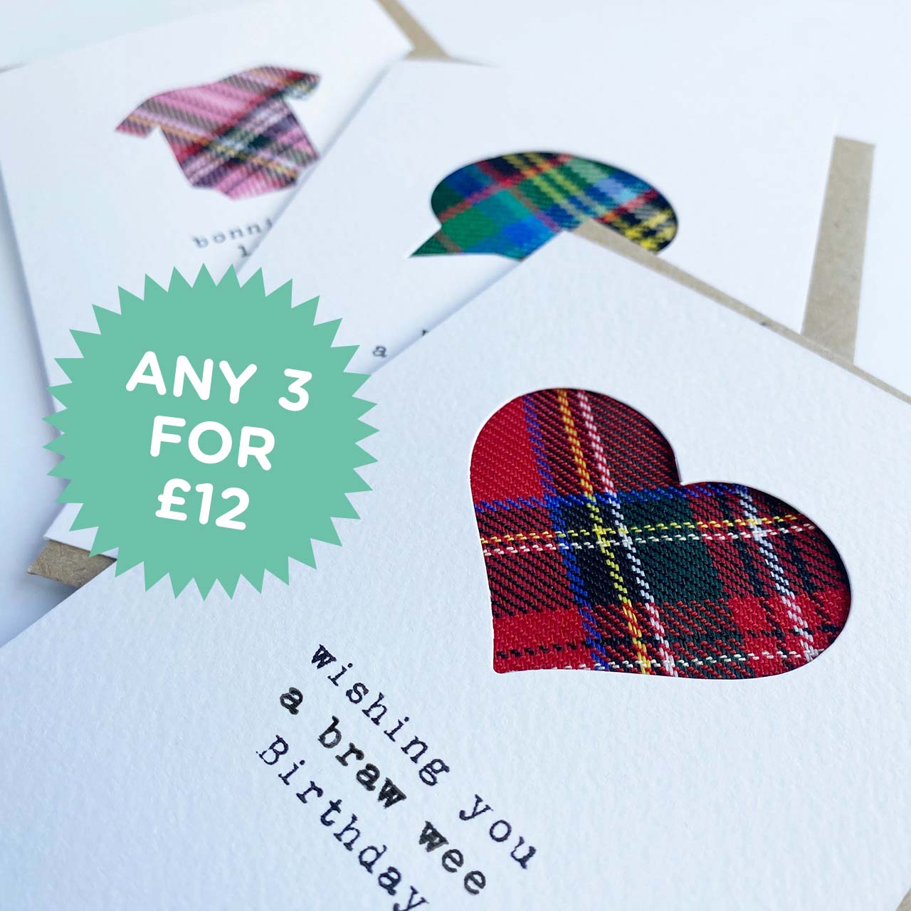 3 handmade scottish greeting cards with tartan and 3 for £12 deal 