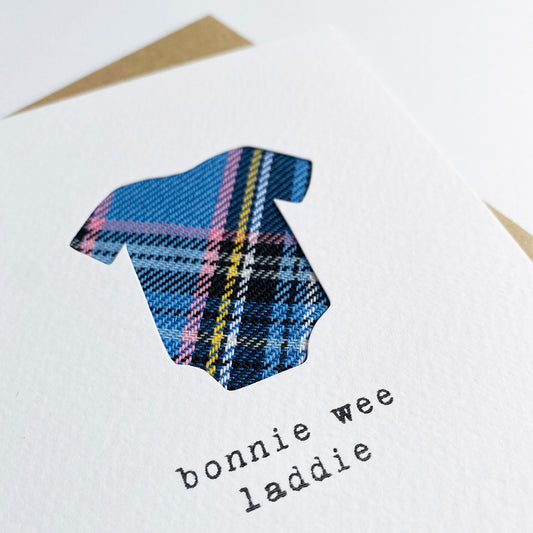 'Bonnie Wee Laddie' Scottish Baby Card with Tartan - HiyaPal