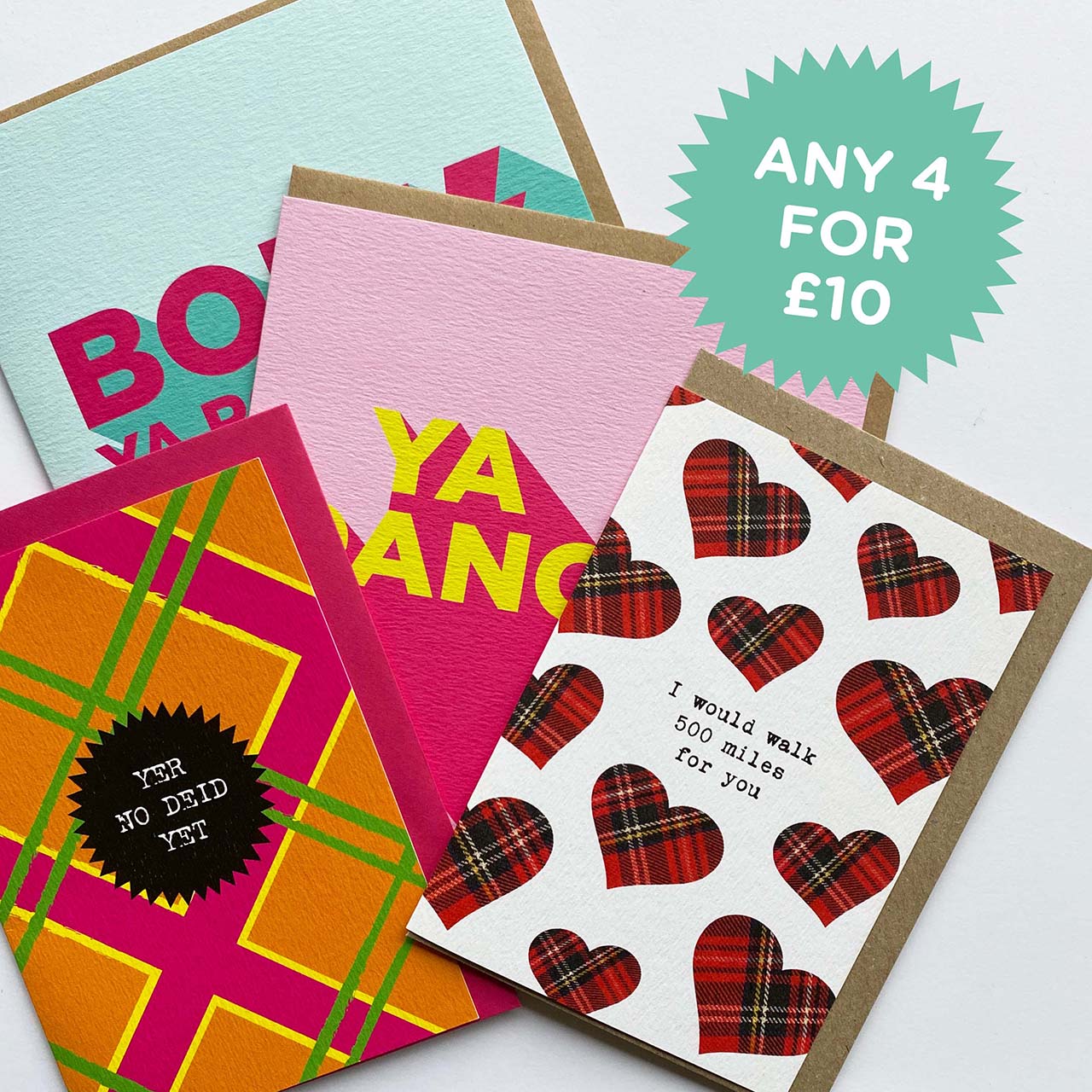 Scottish greeting cards with Scots wording and deal 4 for £10