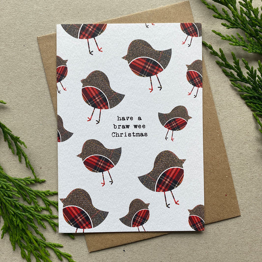 Robin Tartan Pattern Christmas Card Single