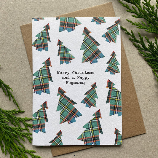Green Tree Tartan Pattern Christmas Card Single